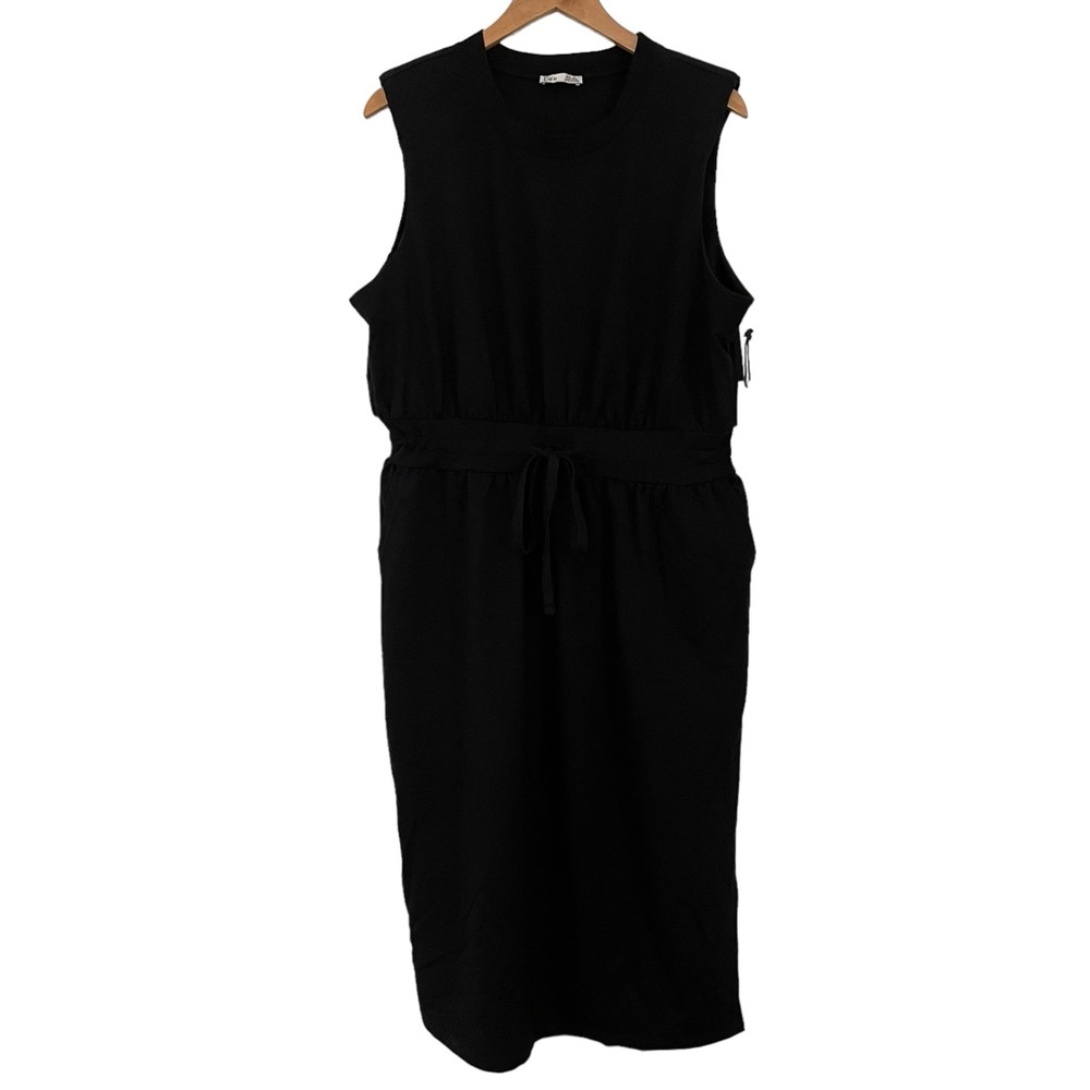 Dex Plus Sleeveless Squared Shoulder Black Midi Dress‎ Tie Waist Pockets X - 14